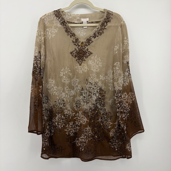 Chico's Tops - Chicos Womens 1 Medium Brown Ombre Damask Tunic Beaded Embroidered Sheer Blouse